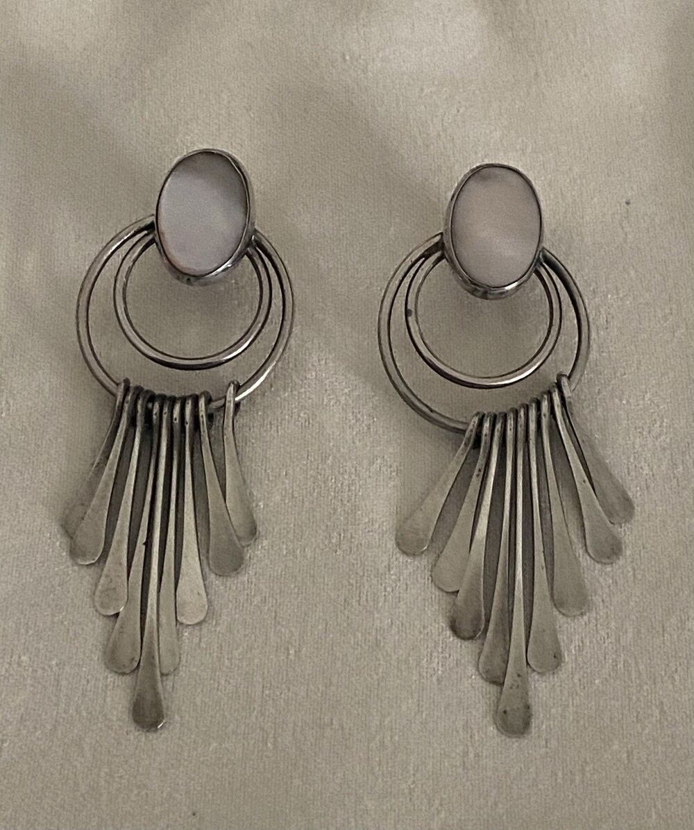 Native American Sterling Silver and Pink Mother of Pearl Dangle Earrings 2”